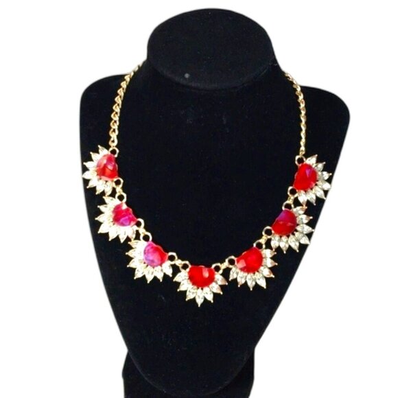 Gold Tone Floral Statement Necklace – Red Gem Glamorous & Dazzling Crystal 18" - Picture 3 of 10